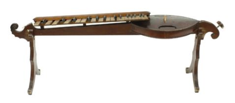 French bowed monochord circa 1890, with maple keyboard attachment, upon cheval supports, 55" long