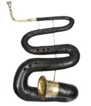 Unusual antique serpent, with leather bound raised tubing, brass bell and brass finger holes, with