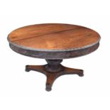 Good 19th century Anglo-Indian padouk centre table, the circular-top with carved frieze on carved