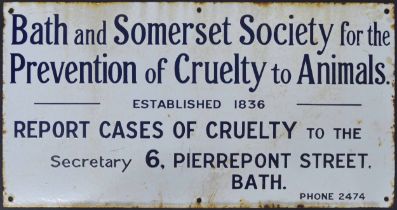 Vintage enamel on metal sign for 'The Bath and Somerset Society for the Prevention of Cruelty to