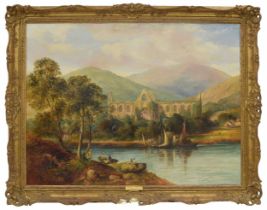 Henry Smyth (1800-1873) - "Tintern Abbey", Figures and boats on the river Wye, with Tintern Abbey