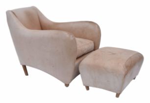 Matthew Hilton tan leather upholstered 'Balzac' lounge chair and footstool, the chair 32" wide,