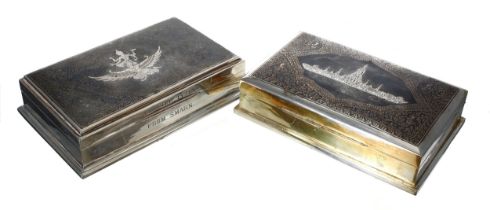 Two similar Thai white metal boxes, with Niello type decorated covers with buildings and a goddess