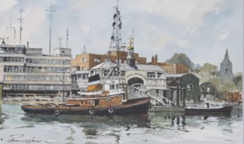 Edward Wesson RI., RSMA., RBA., RI., (1910-1983) - Royal Terrace Pier, Gravesend, a harbour scene