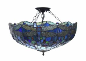 Large Tiffany style 'Dragonfly' pattern glass uplighter pendant shade, suspended on three chains
