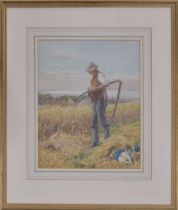 Arthur Foord Hughes (b. 1856 fl. 1878 - c. 1927) - "Reaping", farm worker sharpening a scythe, a dog