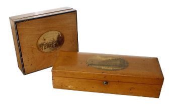 Two Mauchline Ware boxes, one with the image of Burlington Hotel and Grand Parade Eastbourne, 9.5" x