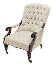 Victorian mahogany button upholstered lounge armchair, the shaped back over scroll arms, raised on