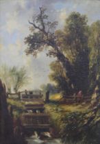 Style of Frederick Henry Henshaw (19th century) - Landscape with a Salmon gate in the foreground,