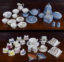 Collection of collectable porcelain miniatures; including Wedgwood blue Jasper ware miniature tea