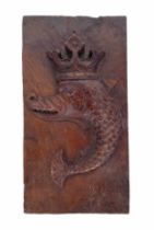 Interesting 19th century primitive folk art carved plaque modelled with a crowned mythical