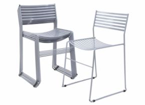 Six EMU 'Aero' painted steel dining chairs, stackable, a Paul Newman design, labelled, in grey,