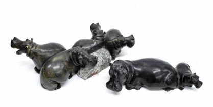 Two similar polished stone figural groups of hippos, largest 18" wide (2)