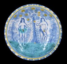 Rare English Delft pottery Adam and Eve plate, Bristol circa 1680, polychrome decorated with a
