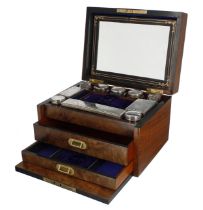 Victorian style walnut travel dressing box, the hinged cover with an inset mirror glass to the