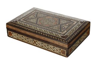 19th century Anglo-Indian bone and marquetry box, the hinged cover with micro mosaic Islamic