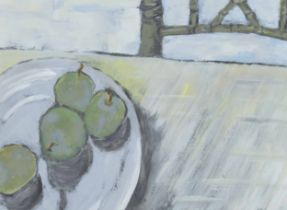 English School (20th/21st century) - A still life of fruit on a plate, upon a table, the back of a