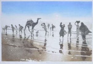 Lucy Willis (20th/21st century) - "Juha Beach", coastal scene with figures and camels, signed artist