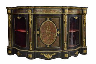 Impressive Victorian ebonised tortoiseshell boulle work serpentine credenza, with inlaid frieze