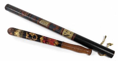 Victorian polychrome and gold painted police truncheon, with 'VR' cypher over the initials 'MP'