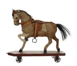 Good 19th century toy pull-along horse, modelled at a canter, wrapped in fine horsehair with leather