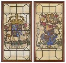 Pair of framed Heraldic watercolours, depicting the Coats of Arms of Henry V and Edward IV,