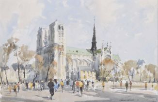 Edward Wesson RI., RSMA., RBA., RI., (1910-1983) - Notre Dame Cathedral, France with figures in a