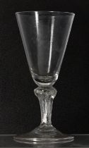18th century knop stemmed goblet, the tapering bowl on a hexagonal support over a folded foot, 7"