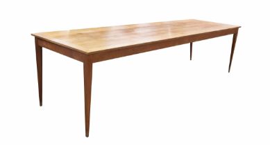 Australian hardwood long refectory table, the border edged top raised on slender tapering square