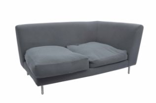 Matthew Hilton chaise, the curved back over two feather stuffed seat cushions, upholstered in a dark