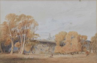 Circle of Francis Oliver Finch (19th century) - Distant view of an Abbey with a shepherd and his dog