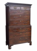 Good George III mahogany chest on chest, the carved dentil cornice and blind fret frieze, over two