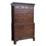 Good George III mahogany chest on chest, the carved dentil cornice and blind fret frieze, over two