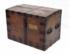 19th century metal bound oak silver chest, the slight domed hinged lid with metal strapwork