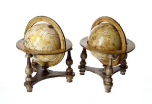 Pair of interesting decorative miniature globes, the first with Latin text and primitive decoration,