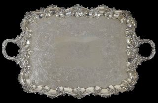 Impressive large William IV silver twin-handled tray, bearing an engraved coat of arms within a