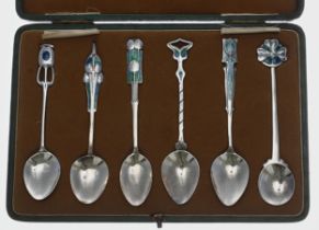 Archibald Knox for Liberty & Co. - a set of six enamelled silver teaspoons, each with stylised