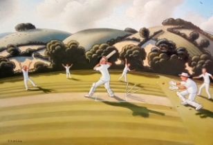 Jonathan Armigel Wade (b. 1960) - “Clean Bowled”, a village cricket match scene, rolling hills in