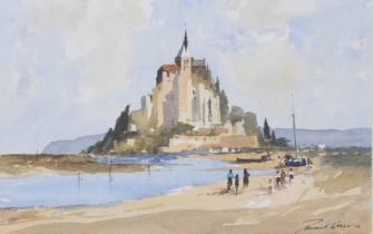 Edward Wesson RI., RSMA., RBA., RI., (1910-1983) - "Mont Saint Michel, figures and boats on a sunlit