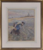 Arthur Foord Hughes (b. 1856 fl. 1878 - c. 1927) - "Gleaning", young girl gathering corn with a