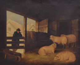 Circle of J. Digby Curtis (19th century) - A farmer with four sheep in a barn, cottages in a