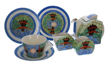 Clarice Cliff Bizarre 'Crest' pattern Stamford tea set, comprising teapot 4.75" high, jug,