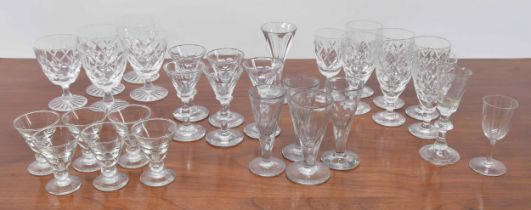 Group of antique and later drinking glasses, including sets of cordial glasses, wine glasses, cut