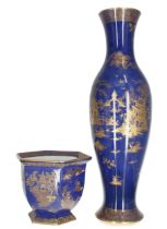 Carlton Ware 'Kang Hsi' chinoiserie decorated blue ground tall vase, 27.5" high; with a Carlton Ware