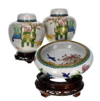 Suite of two decorative Chinese cloisonne jars with covers, 8" high, and a similar bowl 10"