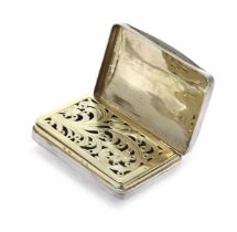 George III silver vinaigrette, the hinged cover enclosing a gilt interior with hinged pierced scroll