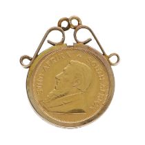 1/10th 1983 Kruggerand coin in a 9ct pendant mount, 4.3gm, 22mm x 19mm