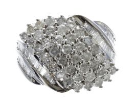 Fancy modern 9ct white gold diamond cluster ring, with round brilliant and baguette-cut diamonds,