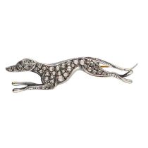 Novelty rose diamond set greyhound dog brooch, set in yellow and white metal, 4.1gm, 47mm