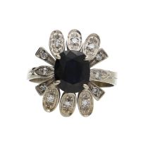 White gold sapphire and diamond dress cluster ring, the sapphire 1.50ct approx, 5.6gm, width 18mm,